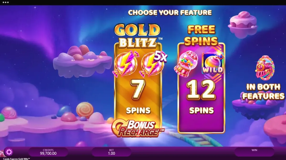Tampilan layar slot Candy Express Gold Blitz di perangkat seluler, menampilkan kereta permen yang cerah dan gulungan yang penuh warna.